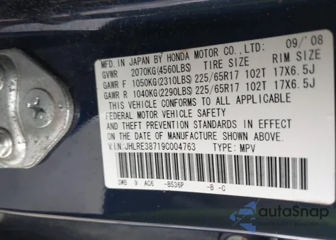 2009 Honda Cr-V Ex-L from USA, damaged, VIN JHLRE38719C004763
